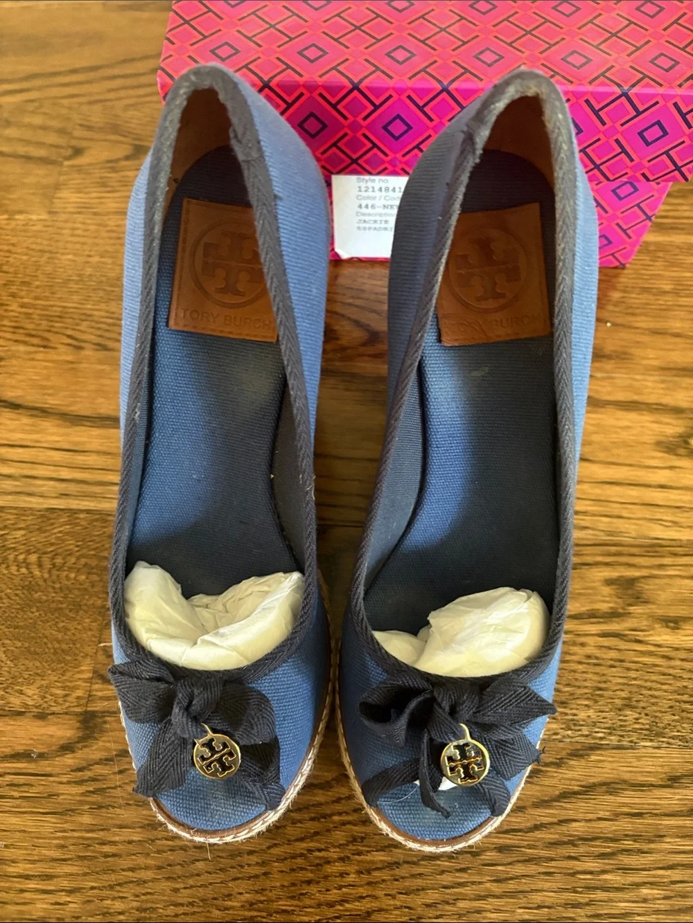 Tory Burch Navy Canvas Espadrille Wedge with Bow and Gold Logo